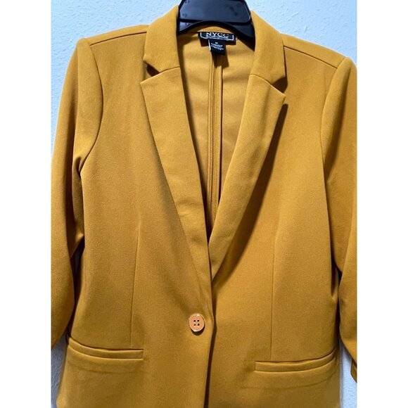 NYCC Womens Medium Mustard Yellow Blazer One Button Ruched 3/4 Sleeve Jacket - Picture 7 of 15